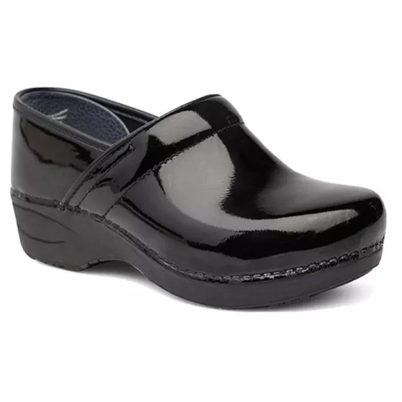 dansko patent leather clogs
